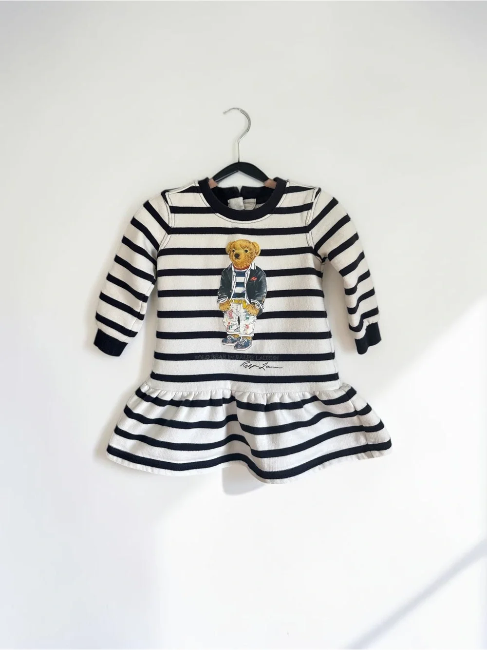 Baby Ralph Lauren, Polo Bear Fleece Dress - Navy & White Stripes, 6 Months